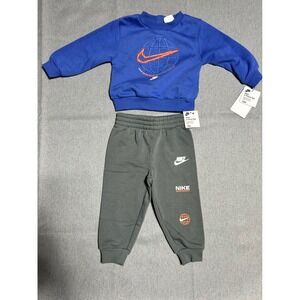 Nike 2 Piece Set Kids Baby 18M Blue Gray Sport Fleece Sweatshirt Pants Outfit